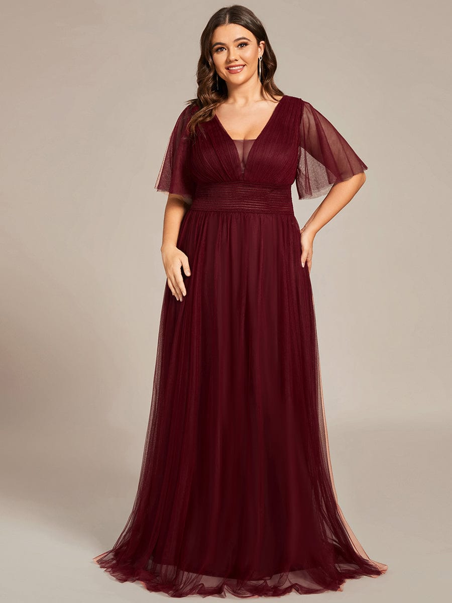 Custom Size Long A-Line Pleated Flutter Sleeve Tulle Maxi Bridesmaid Dress #color_Burgundy
