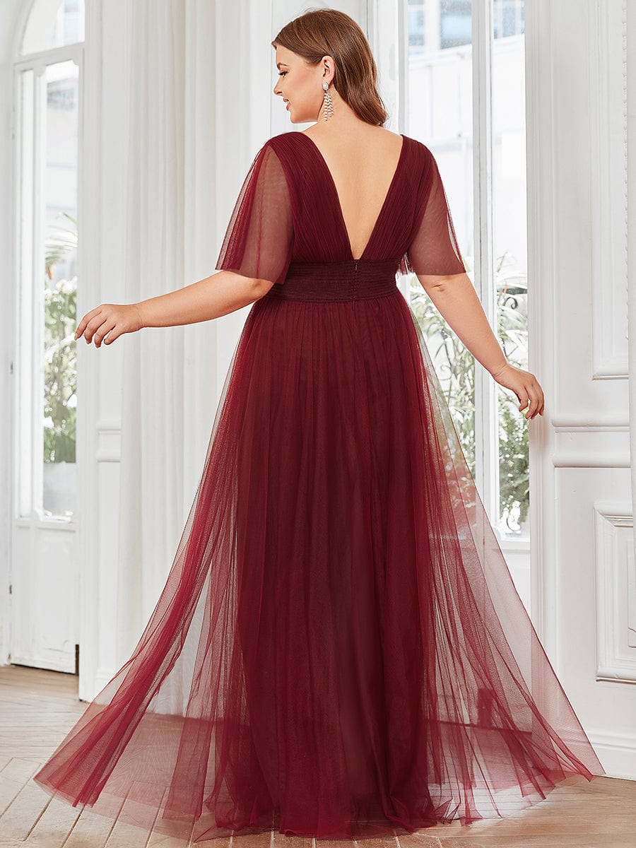 Custom Size Long A-Line Pleated Flutter Sleeve Tulle Maxi Bridesmaid Dress
