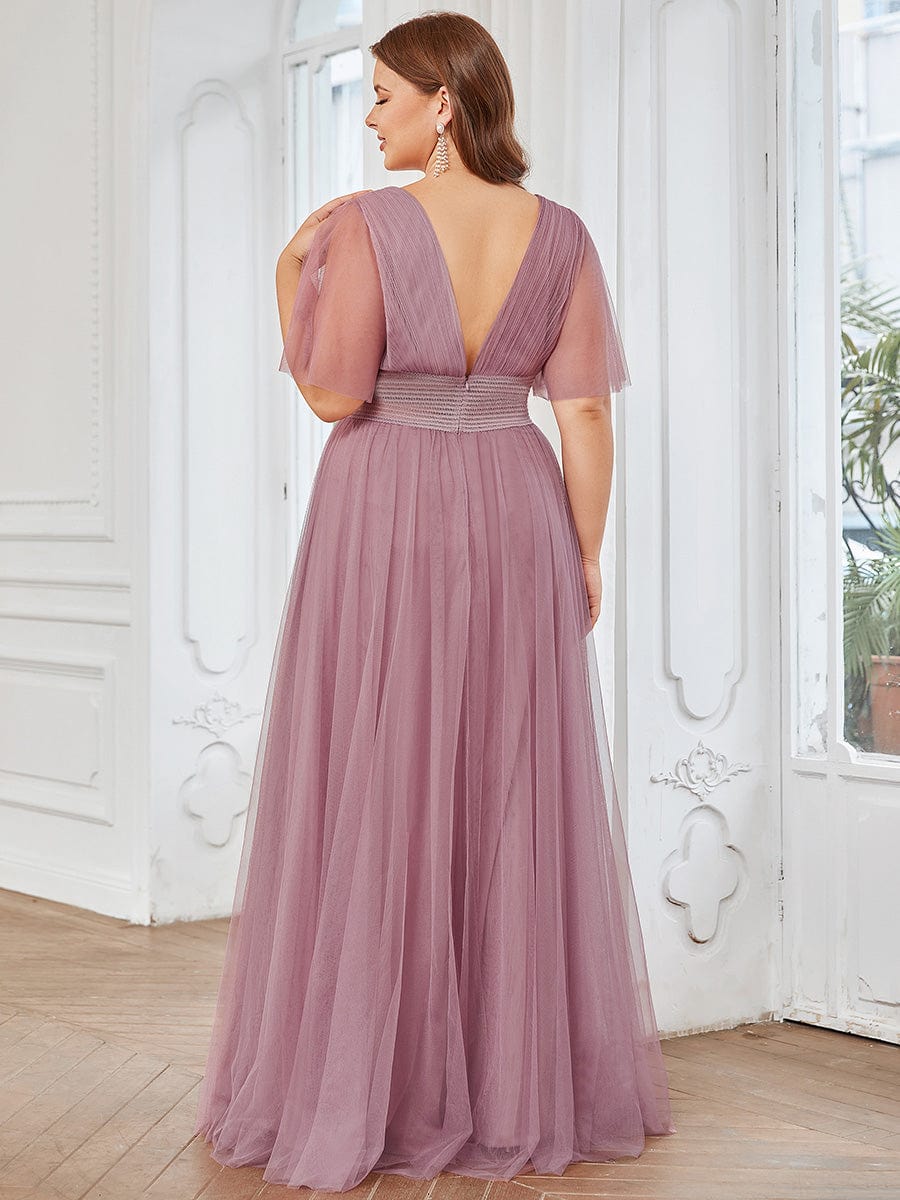 Plus Size A-Line Short Sleeve V-Neck Tulle Bridesmaid Dress #Color_Purple Orchid