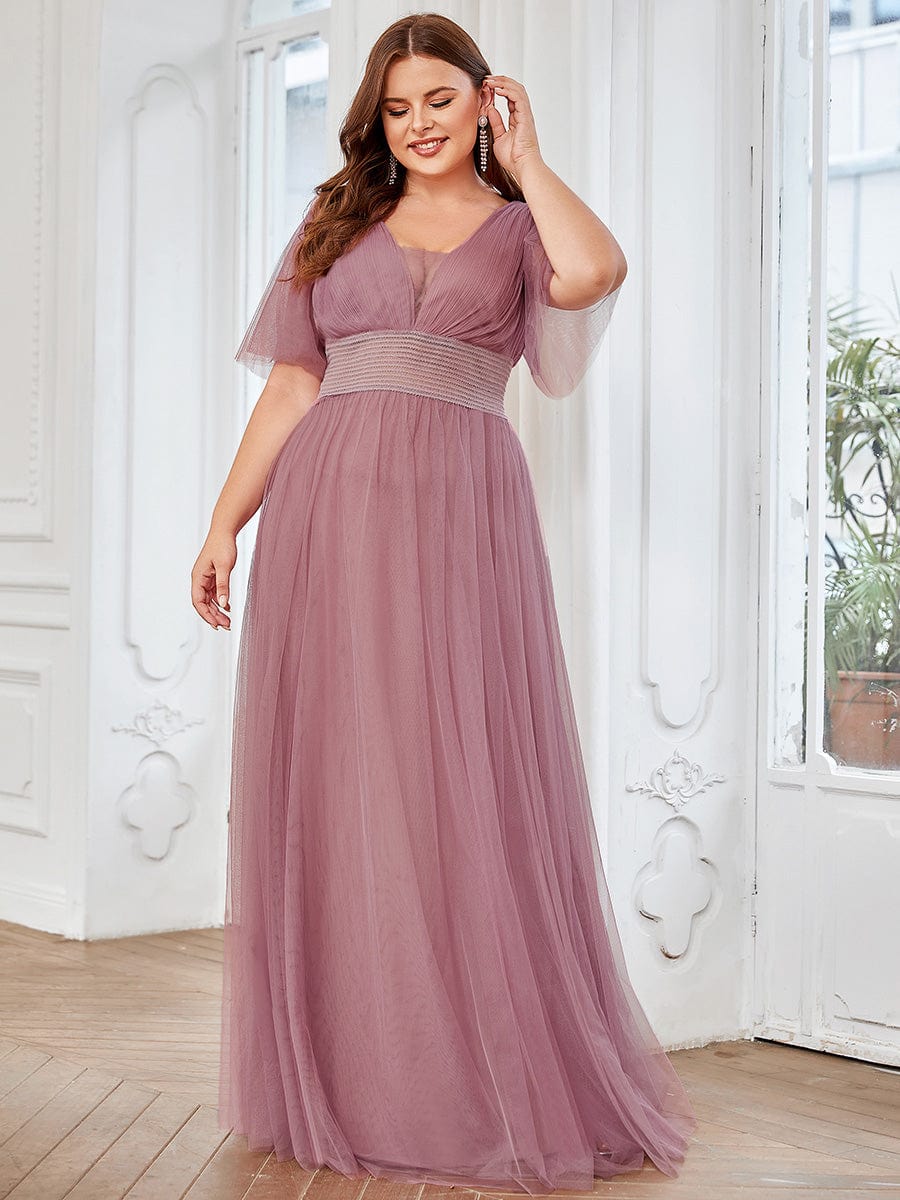 Plus Size A-Line Short Sleeve V-Neck Tulle Bridesmaid Dress #Color_Purple Orchid