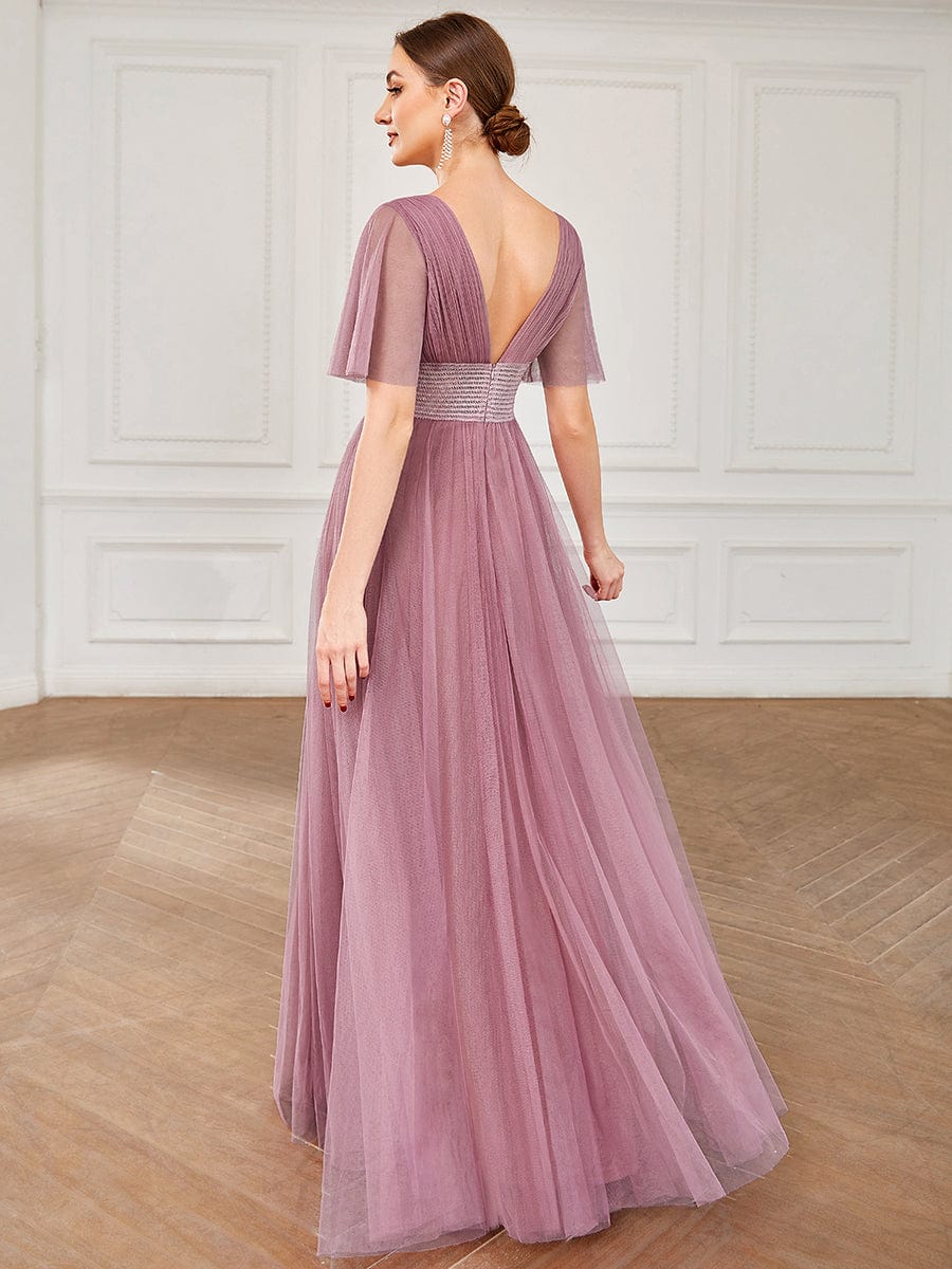 Pleated A-Line Short Sleeve Double V-Neck Tulle Bridesmaid Dress #Color_Purple Orchid