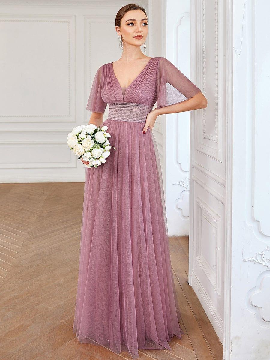 Pleated A-Line Short Sleeve Double V-Neck Tulle Bridesmaid Dress #Color_Purple Orchid