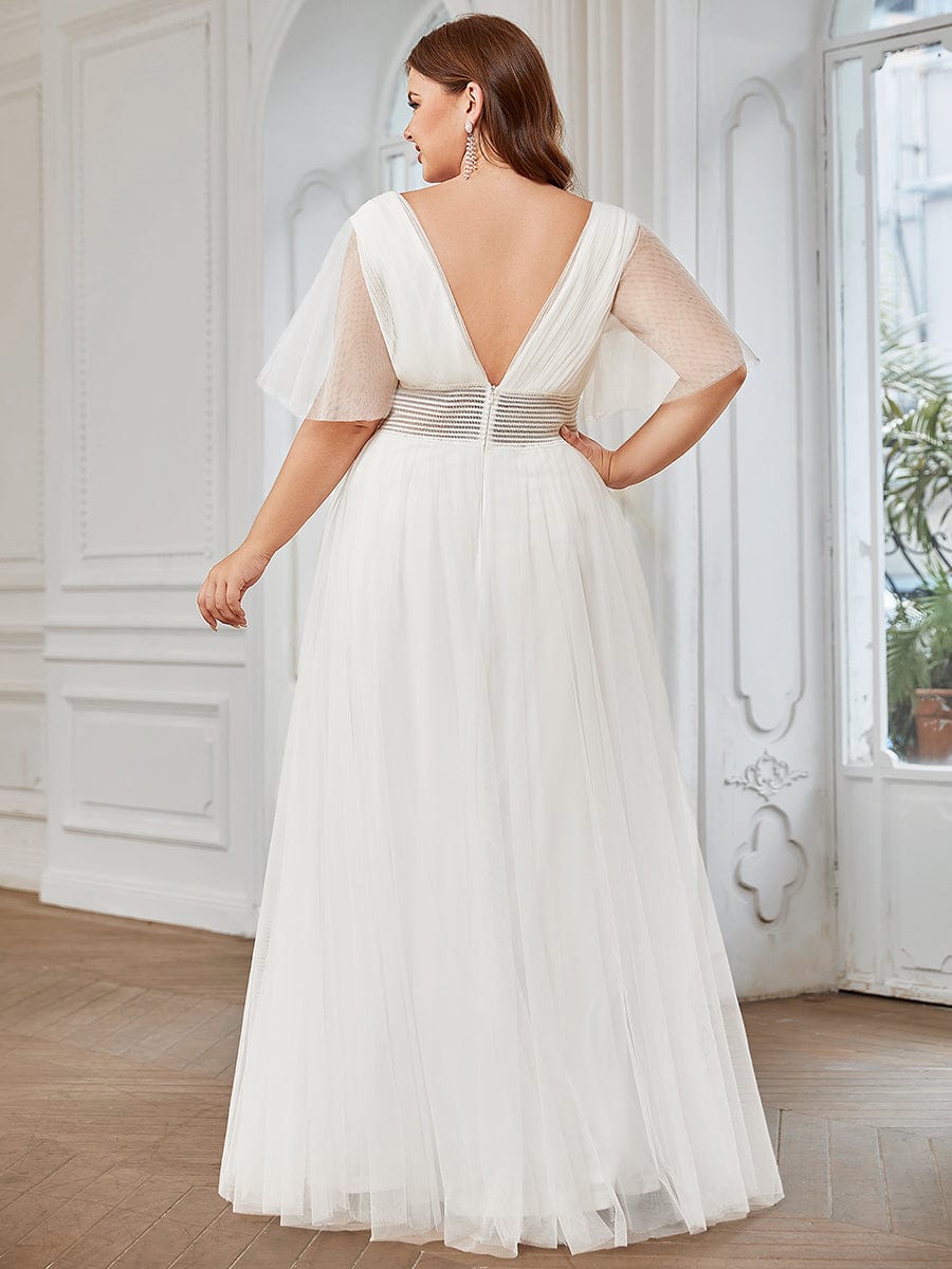 Custom Size Long A-Line Pleated Flutter Sleeve Tulle Maxi Bridesmaid Dress #color_White