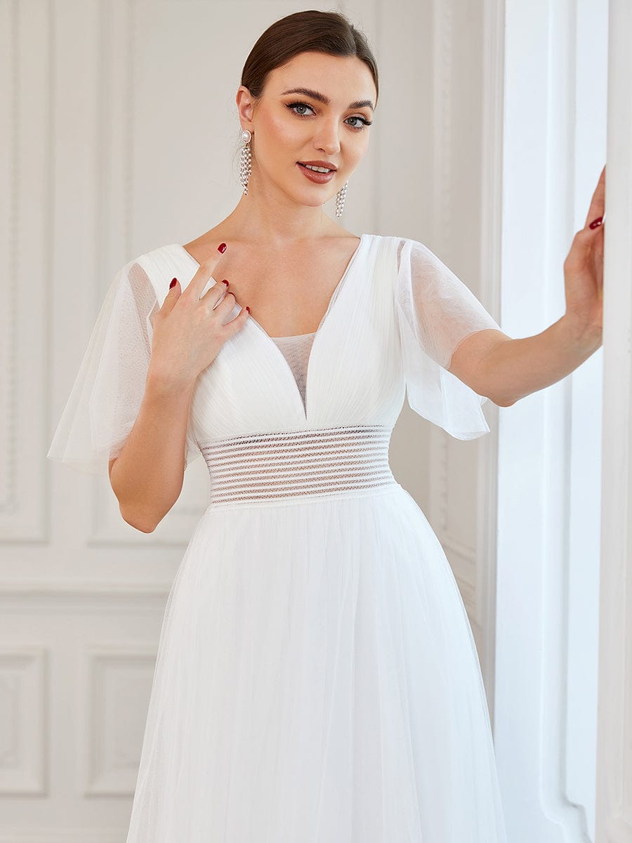 Pleated A-Line Short Sleeve Double V-Neck Tulle Bridesmaid Dress