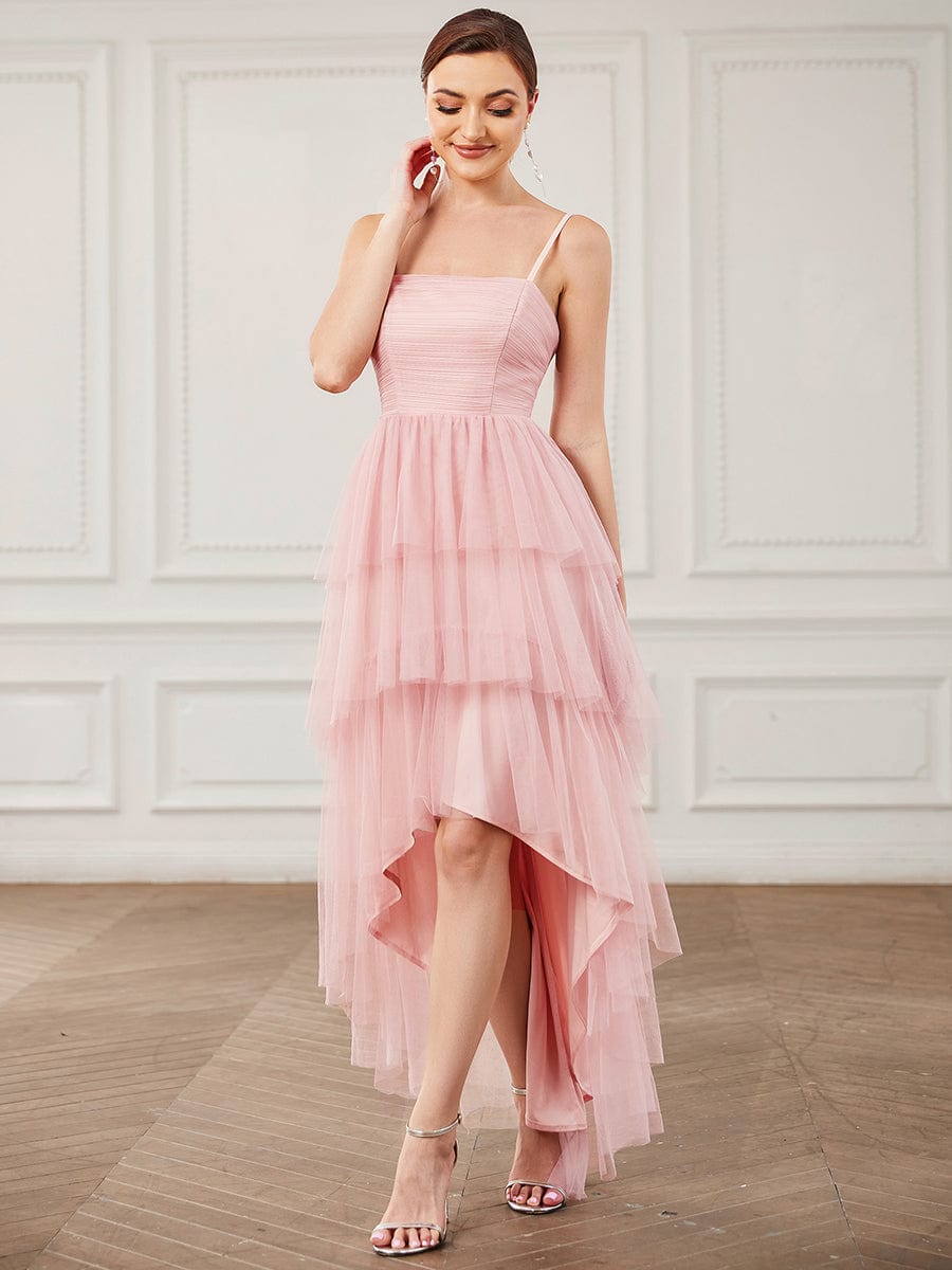 Tulle Spaghetti Strap High-Low Ruffled Bridesmaid Dress #Color_Pink