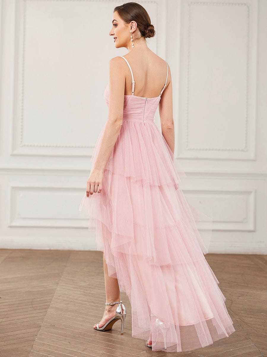 Tulle Spaghetti Strap High-Low Ruffled Bridesmaid Dress #Color_Pink