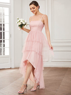 Tulle Spaghetti Strap High-Low Ruffled Bridesmaid Dress