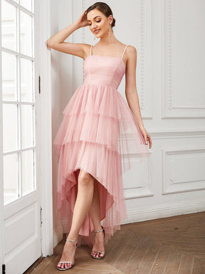 Tulle Spaghetti Strap High-Low Ruffled Bridesmaid Dress