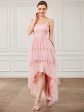 Tulle Spaghetti Strap High-Low Ruffled Bridesmaid Dress #Color_Pink