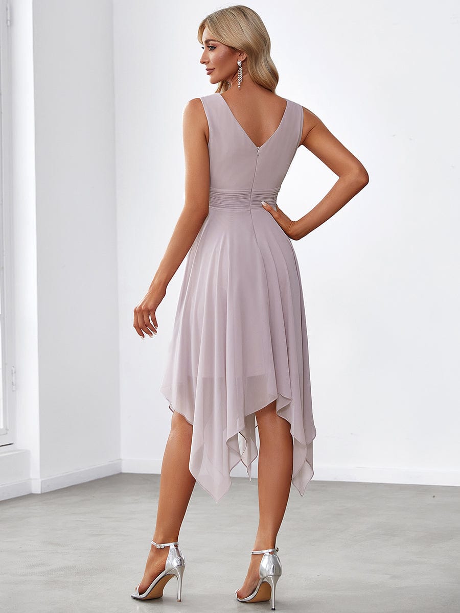 Simple V-Neck Irregular Hem Chiffon Midi Bridesmaid Dress #color_Lilac