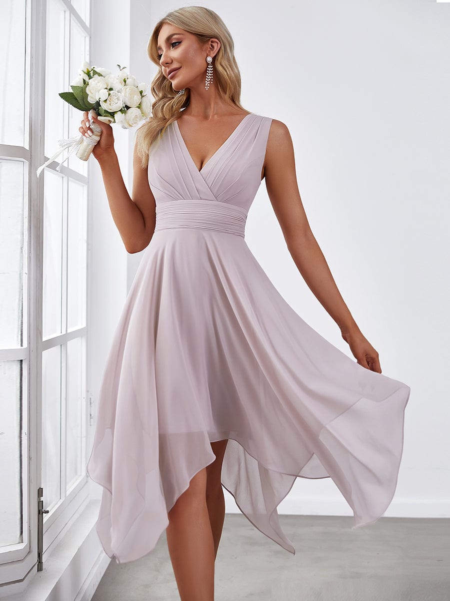 Simple V-Neck Irregular Hem Chiffon Midi Bridesmaid Dress #color_Lilac