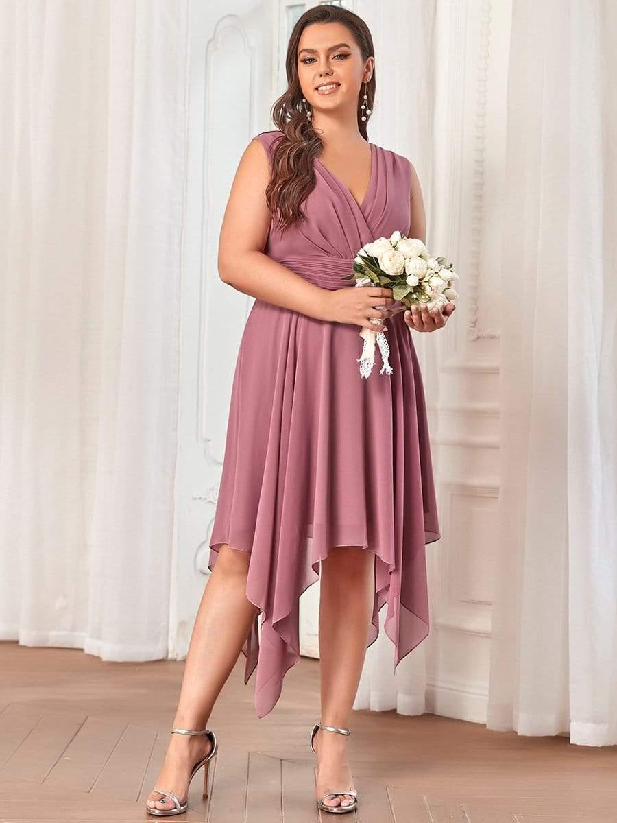 Plus Size Knee Length Asymmetrical Hem Chiffon Bridesmaid Dress #color_Purple Orchid