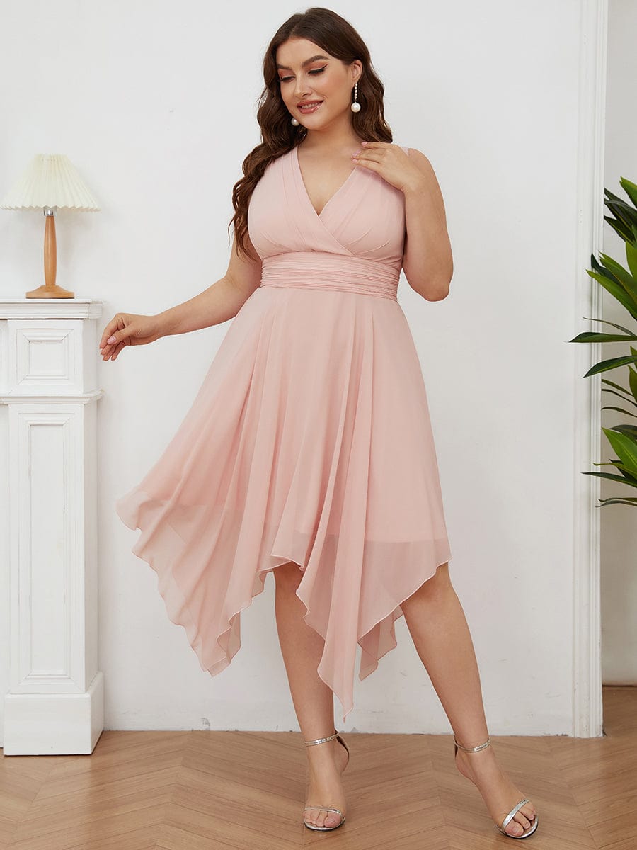 Plus Size Knee Length Asymmetrical Hem Chiffon Bridesmaid Dress #color_Pink