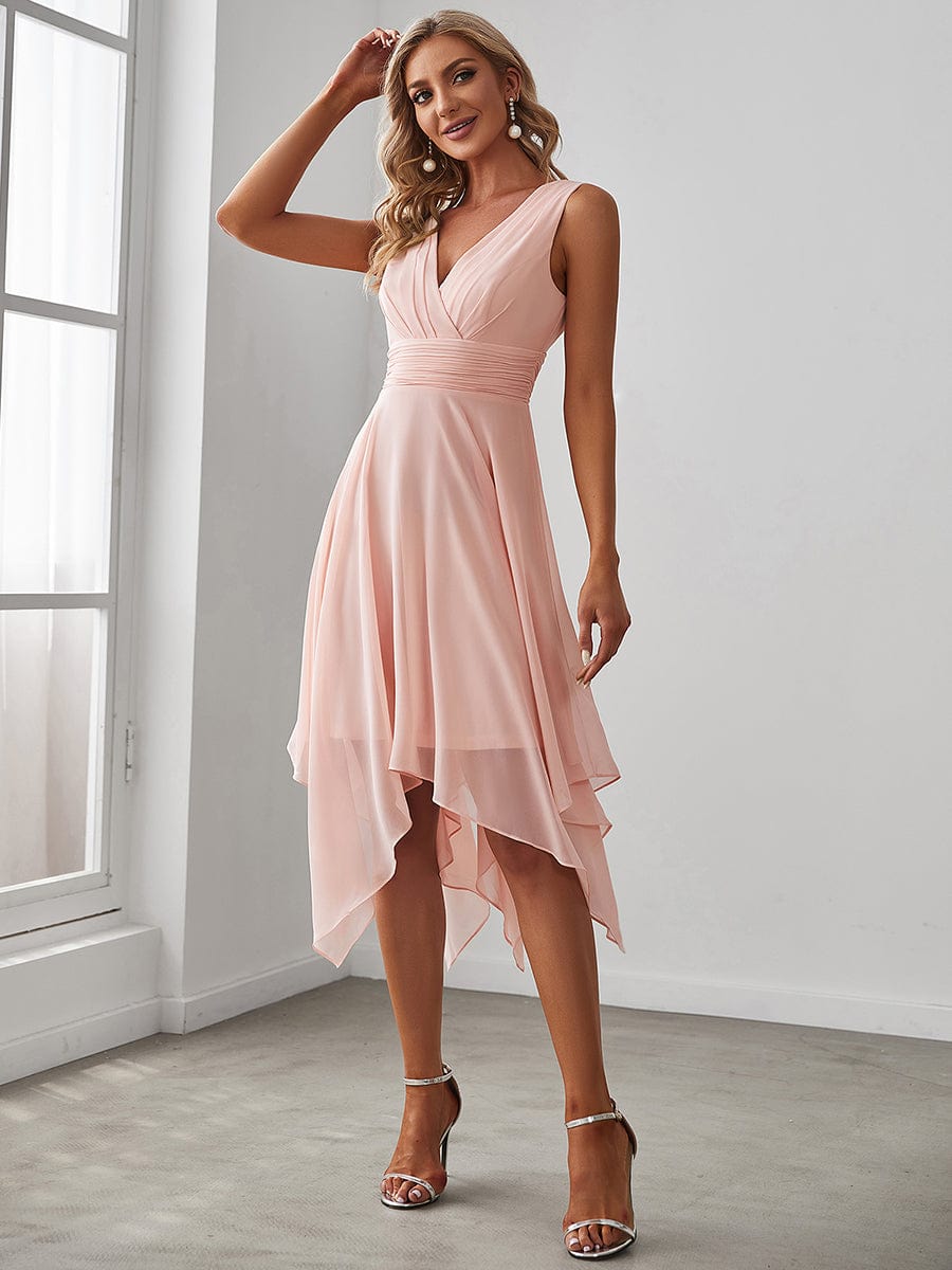 Knee Length Chiffon Bridesmaid Dress with Irregular Hem #color_Pink