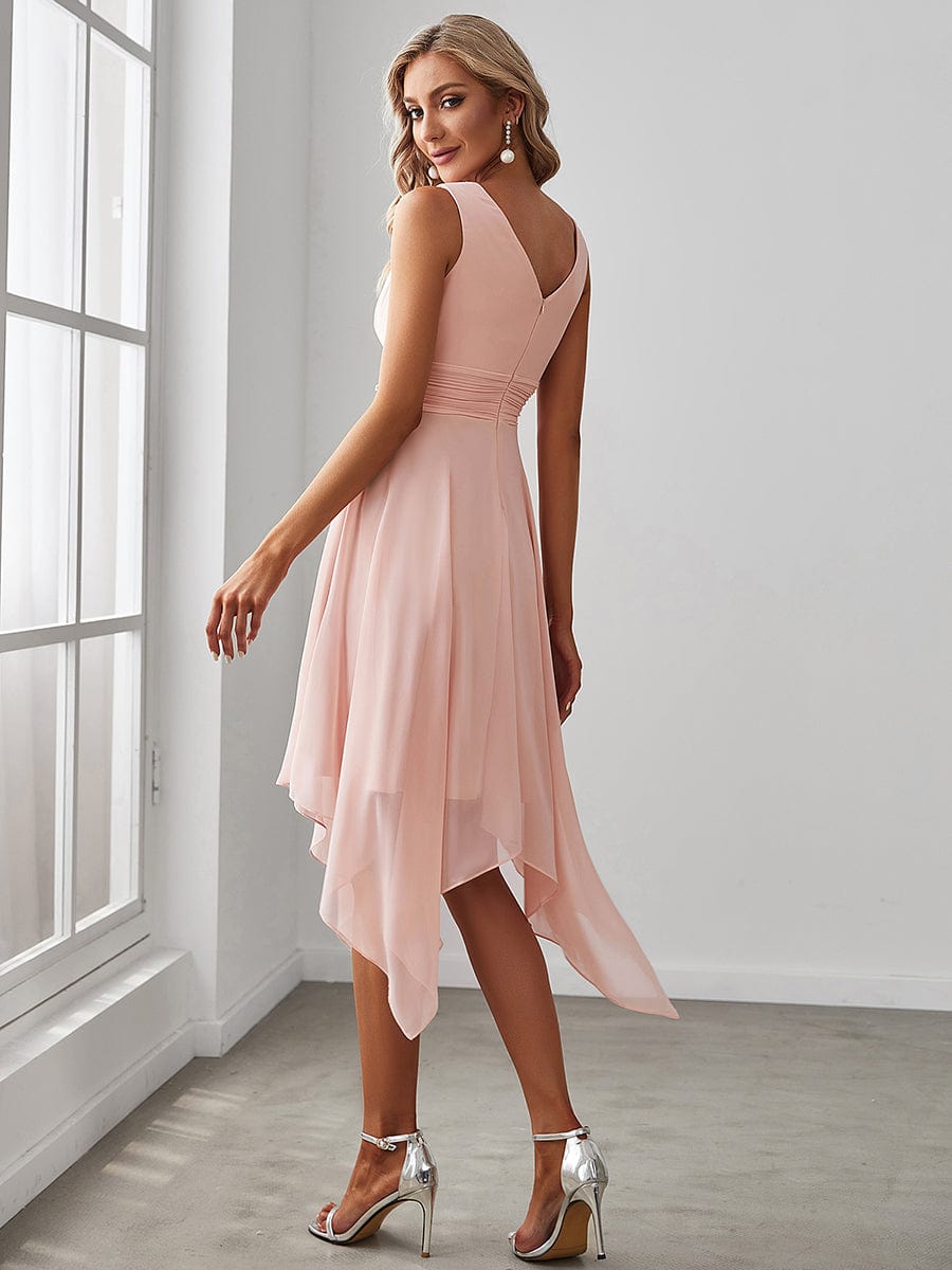Simple V-Neck Irregular Hem Chiffon Midi Bridesmaid Dress #color_Pink