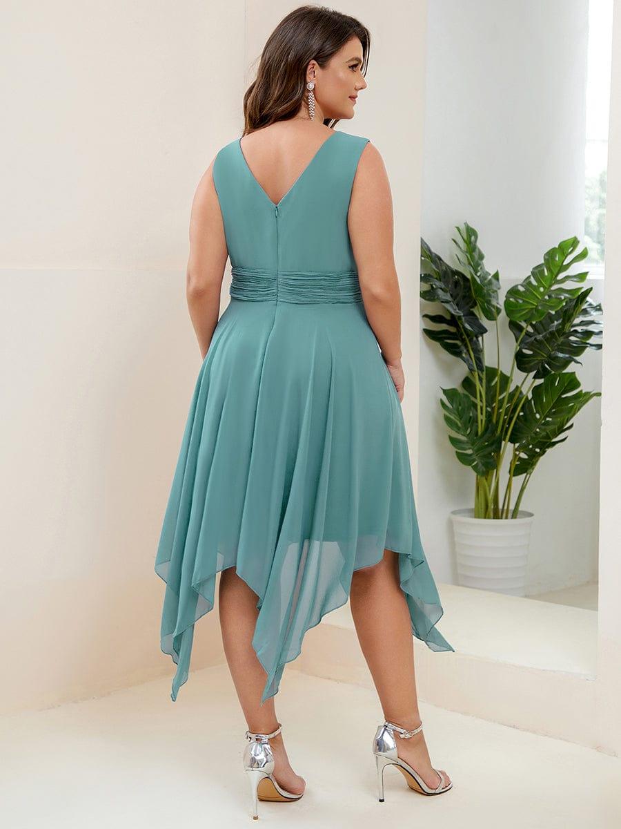 Simple V-Neck Irregular Hem Chiffon Midi Bridesmaid Dress #color_Light Teal