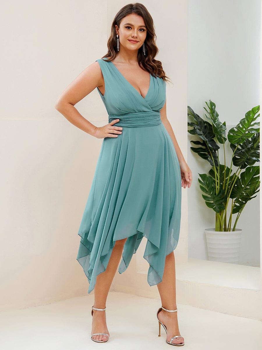 Plus Size Knee Length Asymmetrical Hem Chiffon Bridesmaid Dress #color_Light Teal