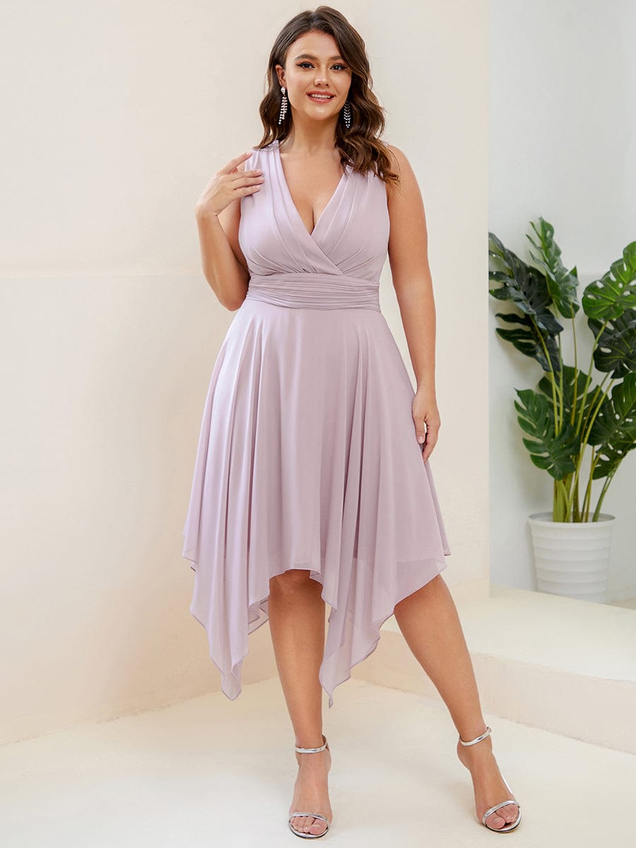 Plus Size Knee Length Asymmetrical Hem Chiffon Bridesmaid Dress #color_Lilac