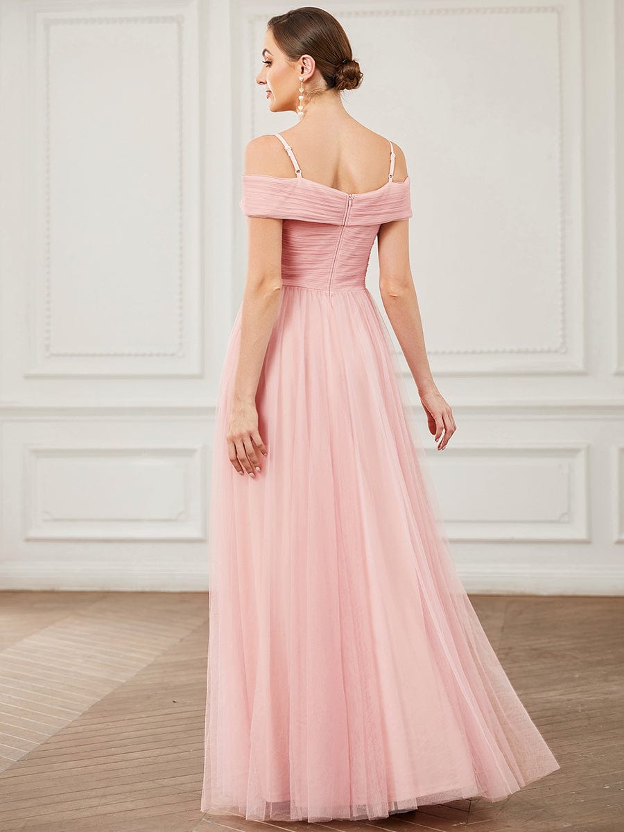 Cross Over Spaghetti Strap Cold Shoulder Pleated Tulle Bridesmaid Dress #color_Pink