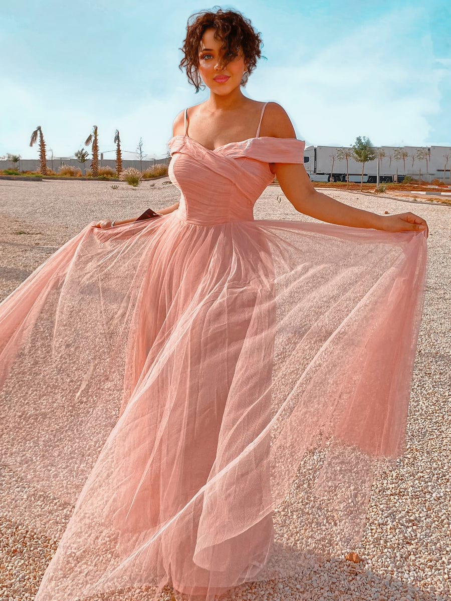 Tulle Cold Shoulder Cross Over A-Line Bridesmaid Dress - Ever-Pretty UK