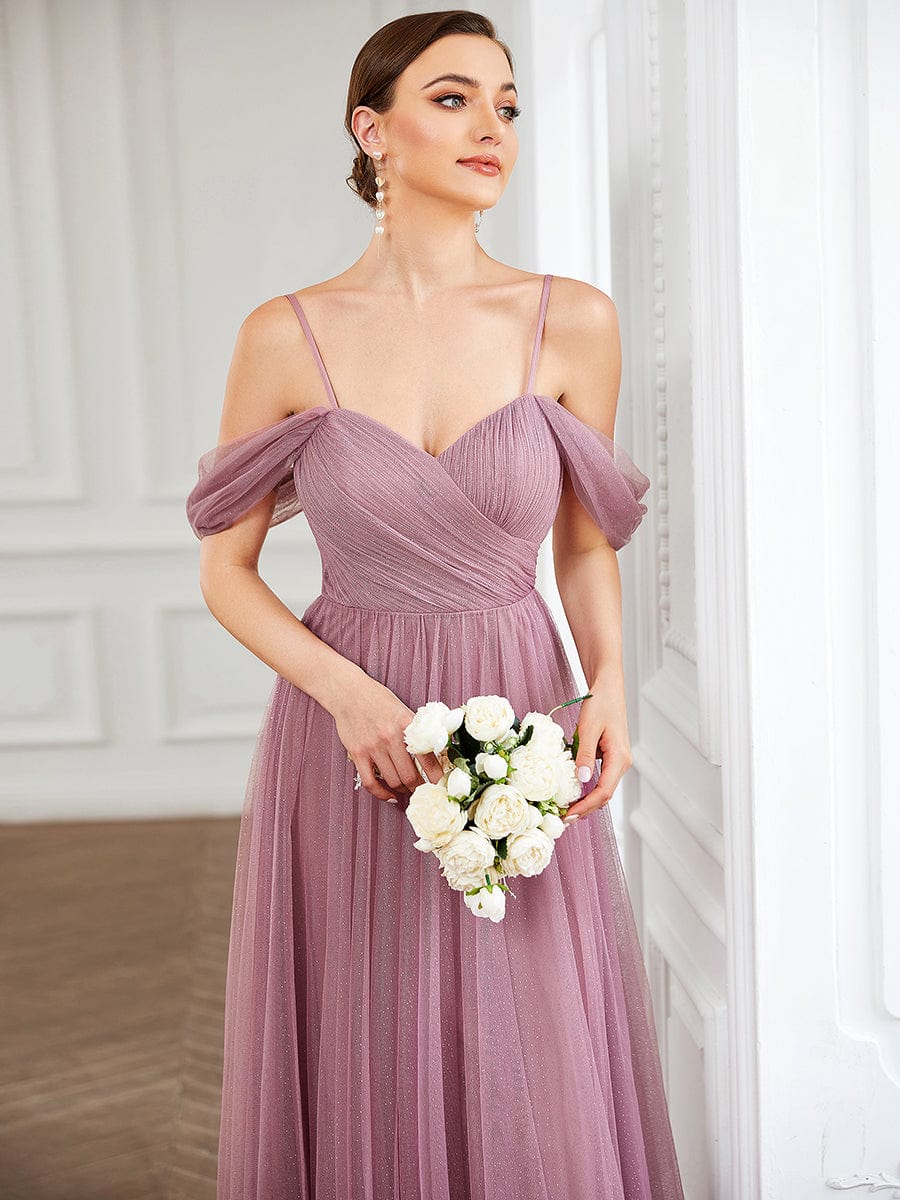 Custom Size Tulle Sweetheart Spaghetti Strap Draped Sleeve Bridesmaid Dress