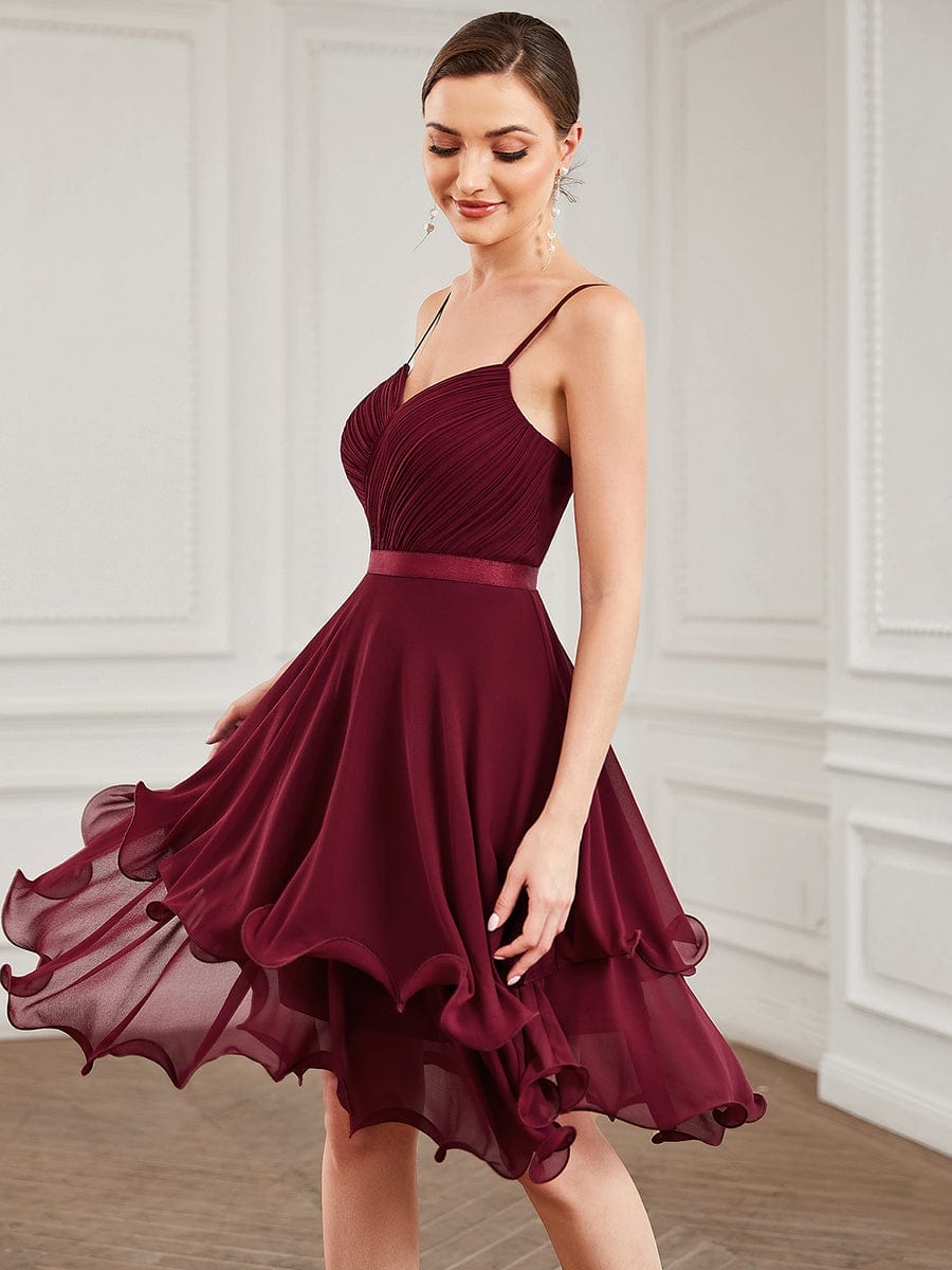 Ruffled Chiffon Knee-Length Pleated Bridesmaid Dress #color_Burgundy