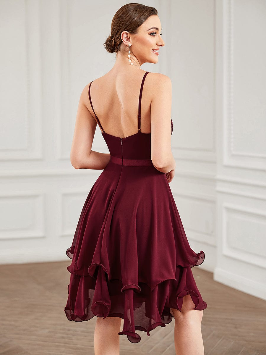 Ruffled Chiffon Knee-Length Pleated Bridesmaid Dress #color_Burgundy