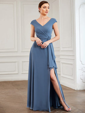 Cap Sleeve V-Neck High Split Tie Waist Bridesmaid Dress