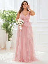 Plus Size Maxi Long Double V Neck Tulle Bridesmaid Dresses #color_Blush