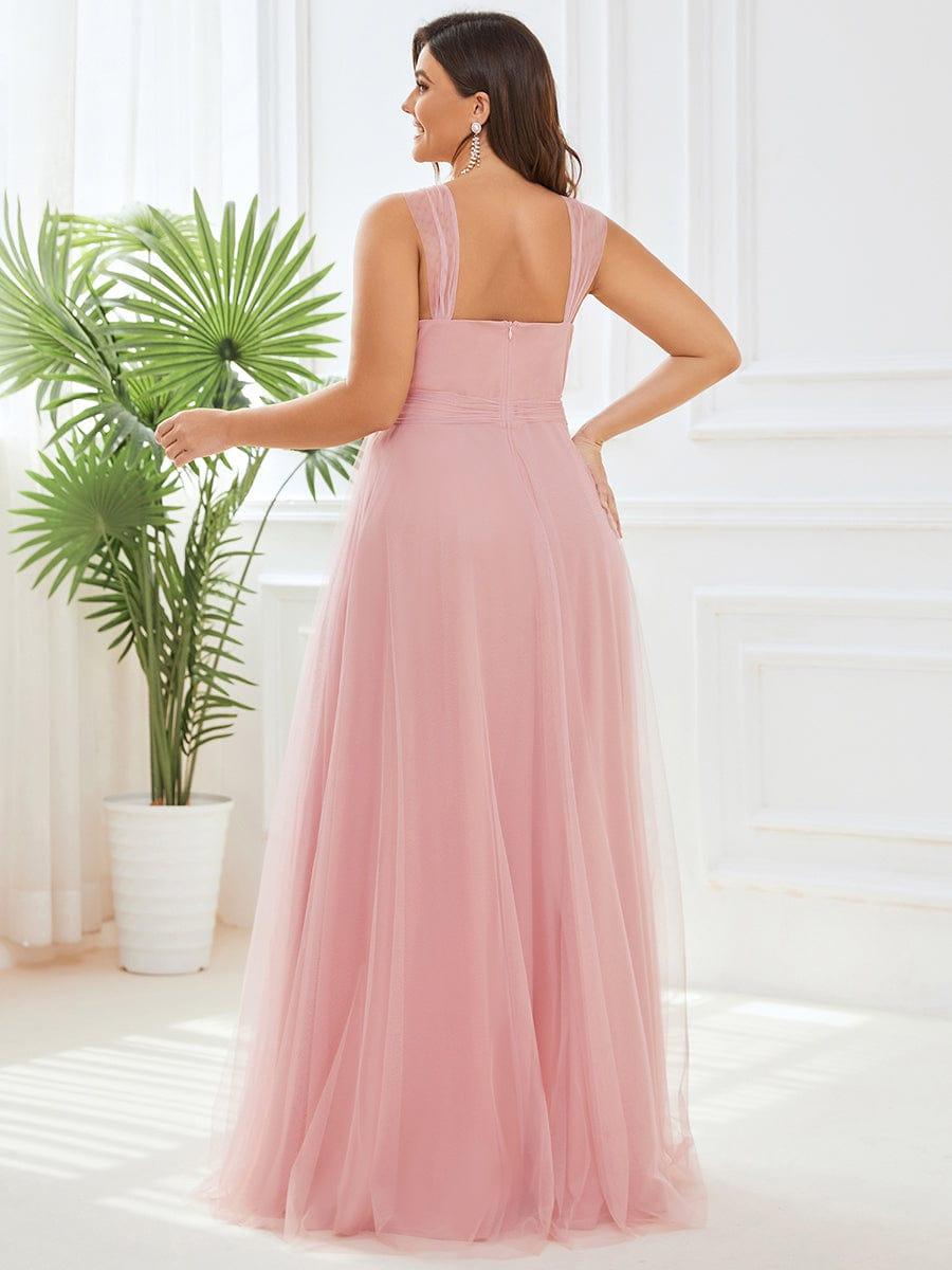 Plus Size Maxi Long Double V Neck Tulle Bridesmaid Dresses #color_Blush