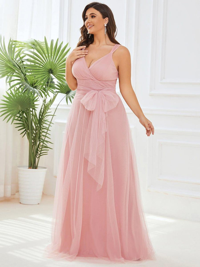 V-neck Tulle Floor Length Bridesmaid Dress Stormy Plus Size