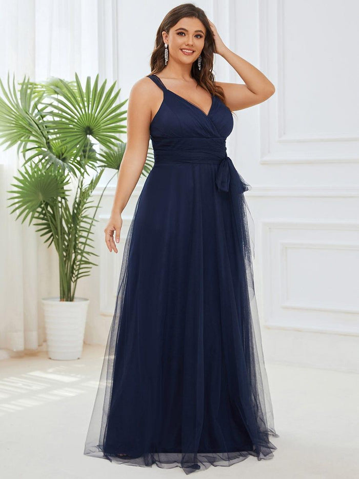 Long Tulle Bridesmaid Dress with Illusion Neck Steel Grey Plus Size