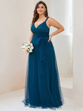 Plus Size Maxi Long Double V Neck Tulle Bridesmaid Dresses #color_Teal