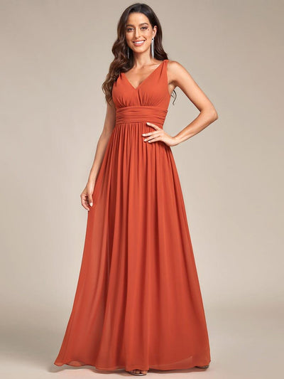V Neck Sleeveless Pleated Chiffon Evening Dress #color_Burnt Orange