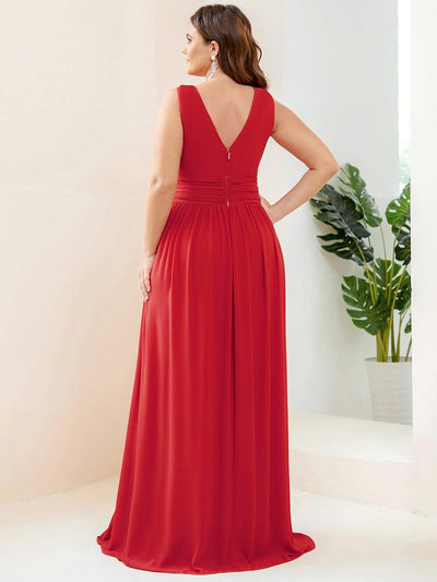 Plus Size Sleeveless V-Neck Chiffon Maxi Bridesmaid Dress #color_Red
