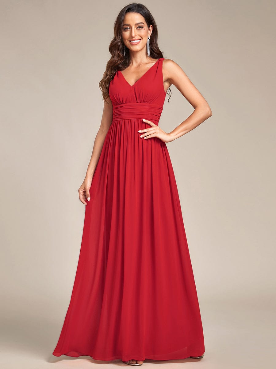 V Neck Sleeveless Pleated Chiffon Evening Dress #color_Red