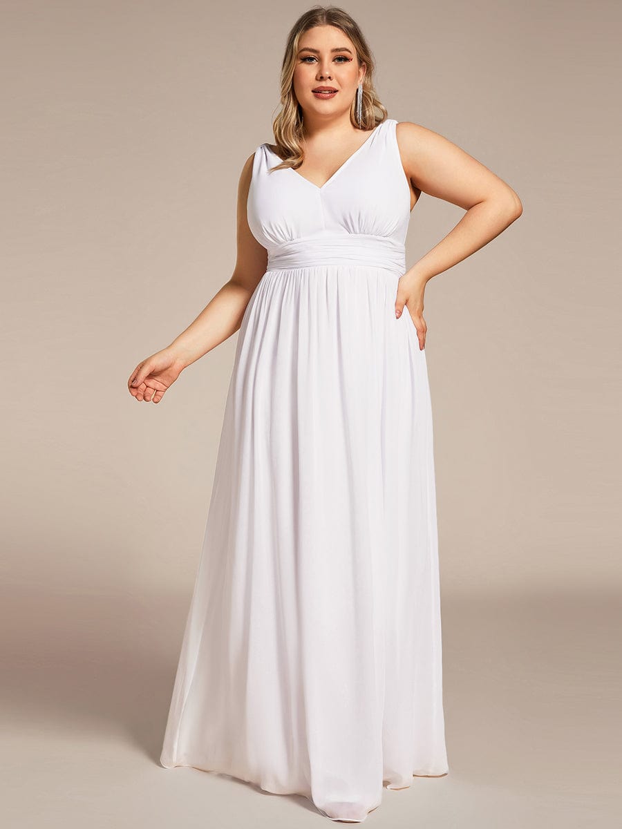 Plus Size Sleeveless V-Neck Chiffon Maxi Bridesmaid Dress #color_White