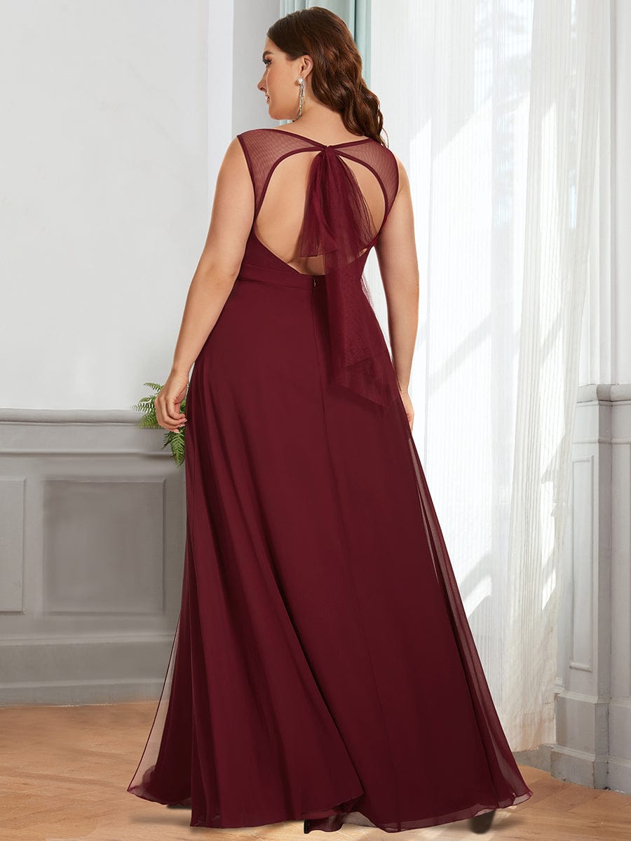 Deep V Open Back Slit Long Plus Size Bridesmaid Dress #color_Burgundy