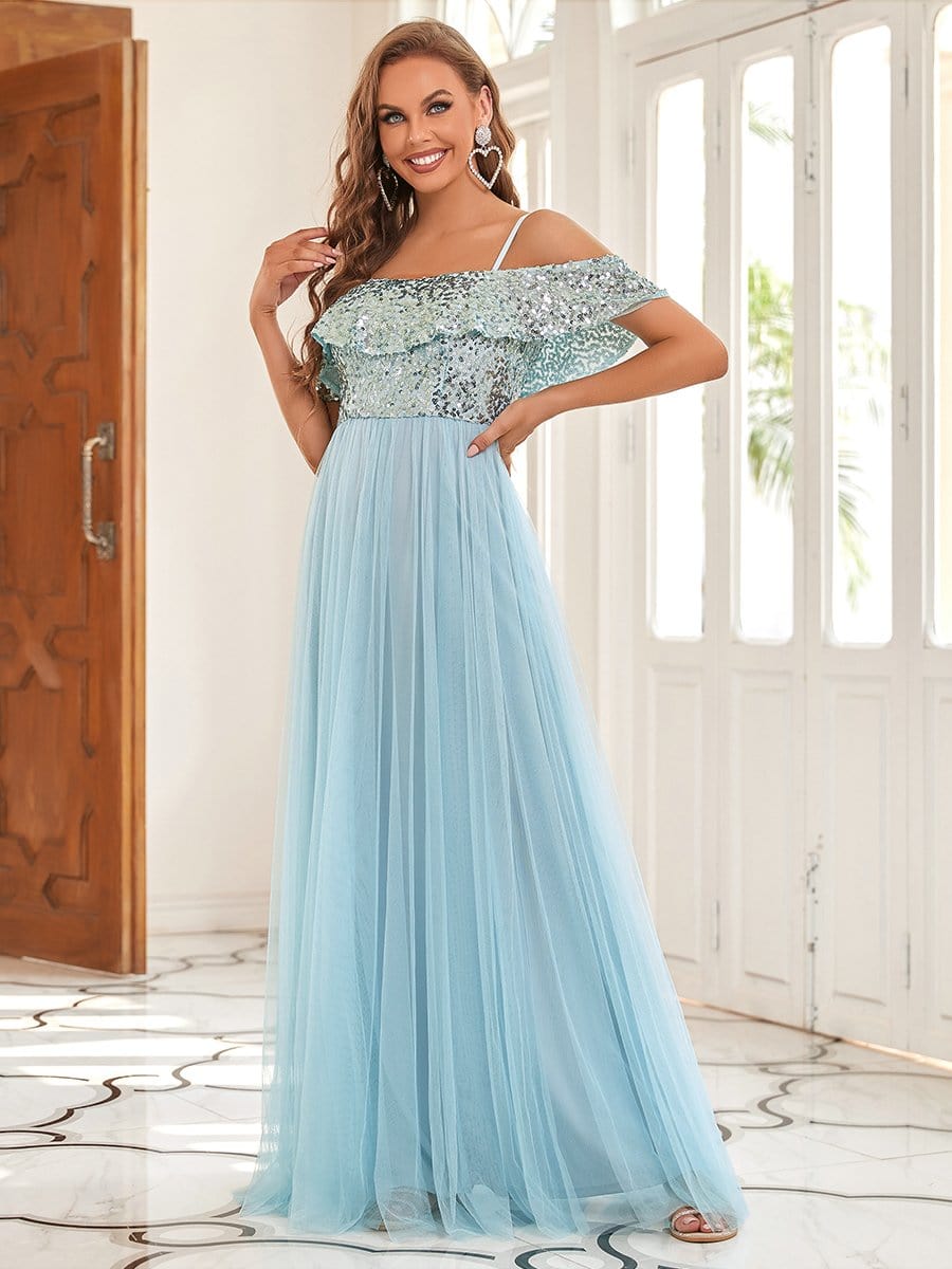 Color=Sky Blue | A Line  Cold Shoulder Sequin Ruffle Long Bridesmaid Dress-Sky Blue 1