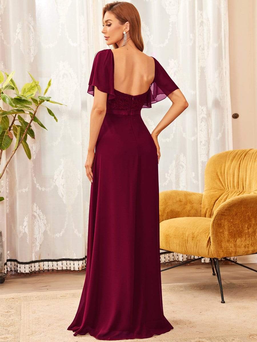 Elegant Sweetheart Flutter Sleeve Lace Split Bridesmaid Dress #color_Burgundy