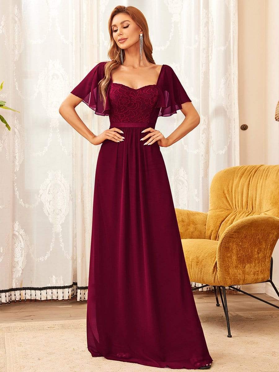 Elegant Sweetheart Flutter Sleeve Lace Split Bridesmaid Dress #color_Burgundy
