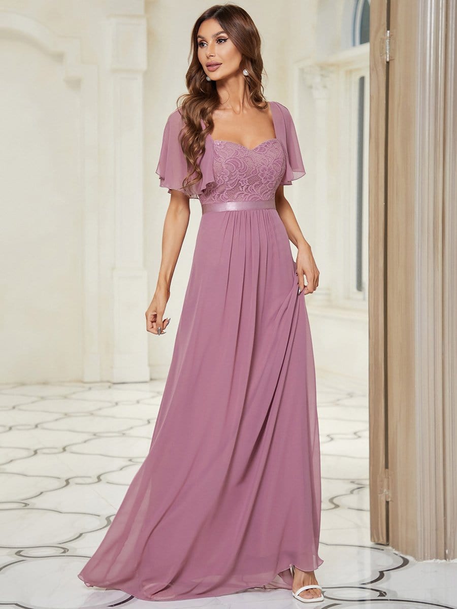 Elegant Sweetheart Flutter Sleeve Lace Split Bridesmaid Dress
