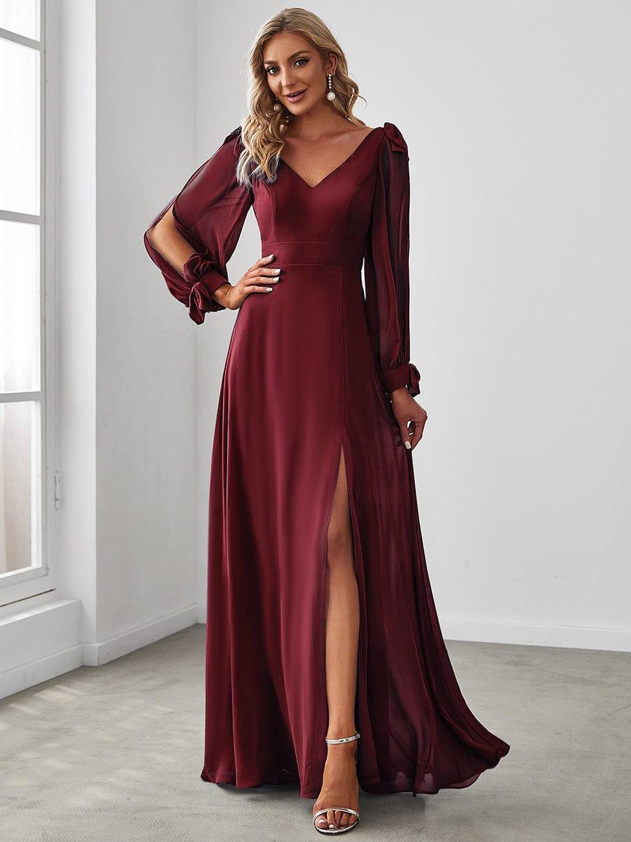 Gentle Split Low Back Thigh Slit Long Sleeve Wedding Guest Dress #color_Burgundy