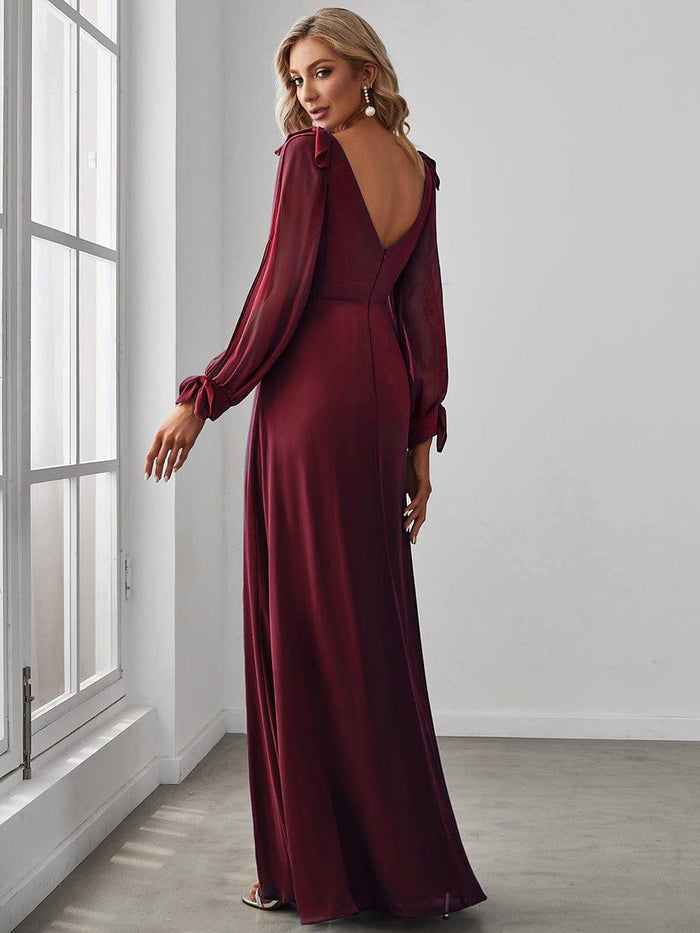 Long Sleeve V-neck A-line Chiffon Wedding Guest Dress
