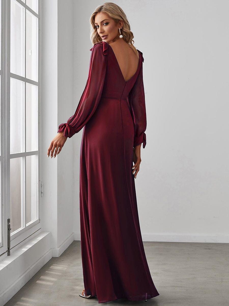 Gentle Split Low Back Thigh Slit Long Sleeve Wedding Guest Dress #color_Burgundy