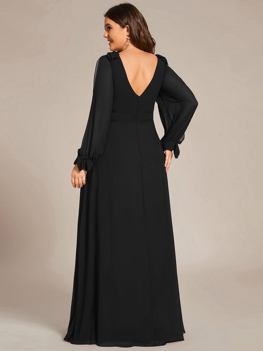 Plus Size Split Long Sleeve V-Neck Bridesmaid Dress #color_Black