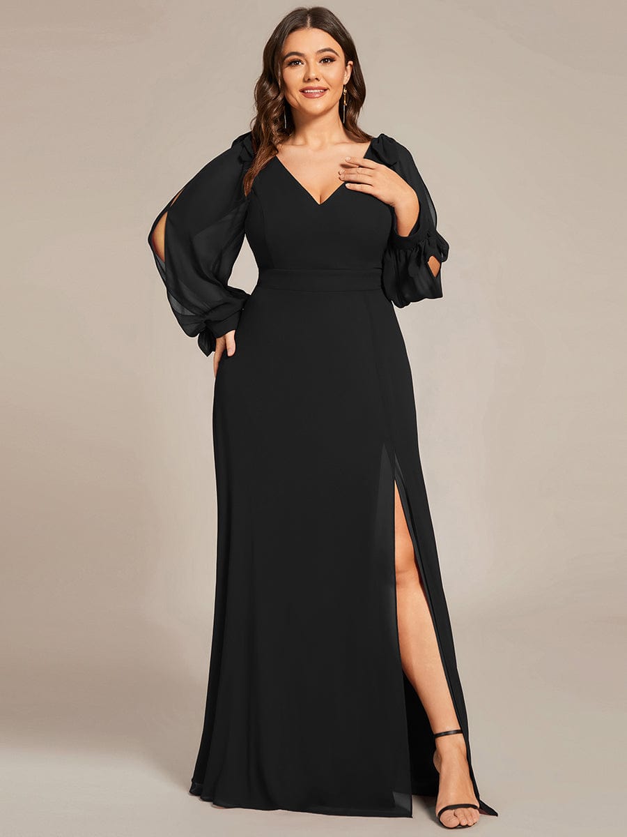 Plus Size Split Long Sleeve V-Neck Bridesmaid Dress #color_Black