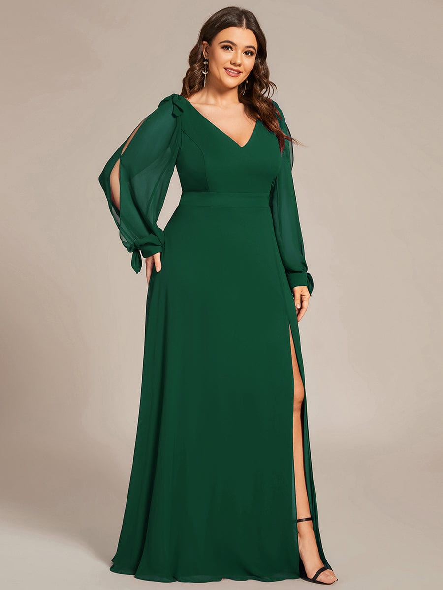 Plus Size Split Long Sleeve V-Neck Bridesmaid Dress #color_Dark Green