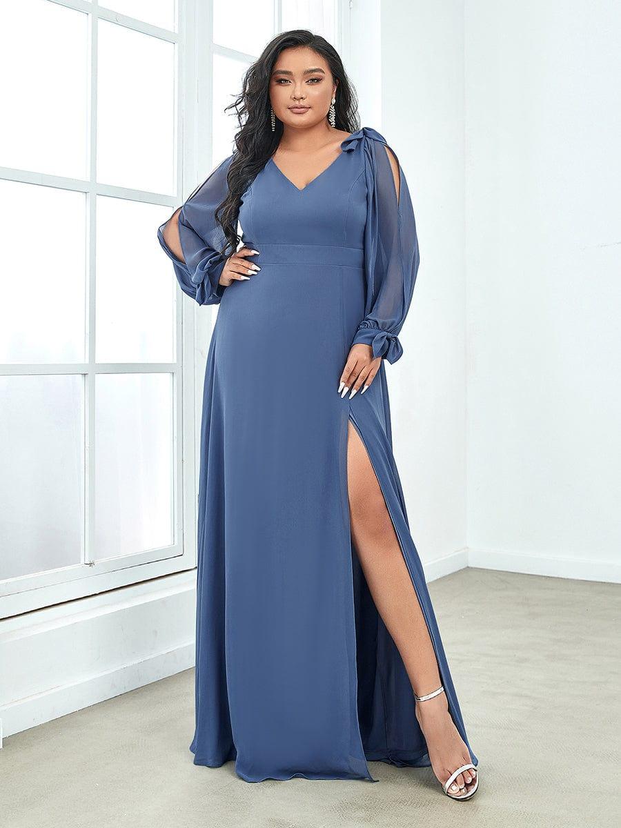 Gentle Split Low Back Thigh Slit Long Sleeve Wedding Guest Dress #color_Dusty Blue