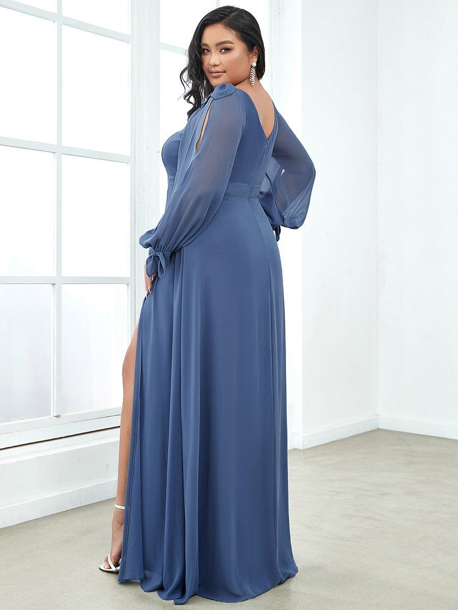 Gentle Split Low Back Thigh Slit Long Sleeve Wedding Guest Dress #color_Dusty Blue